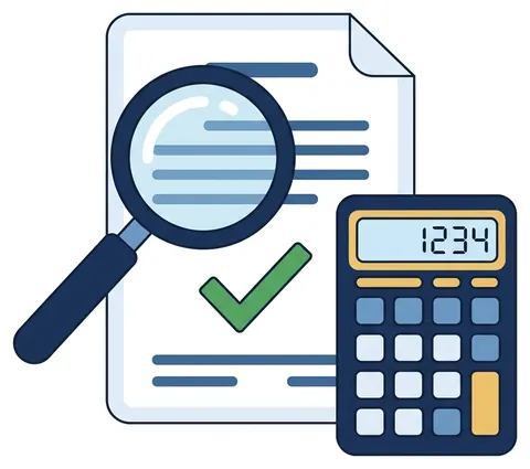 A document under a magnifying glass with a green check, beside a calculator.