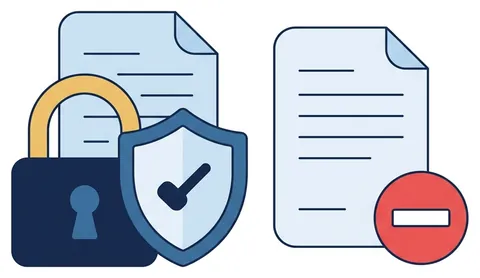 A padlock and shield in front of a document, and a no-entry sign beside another.