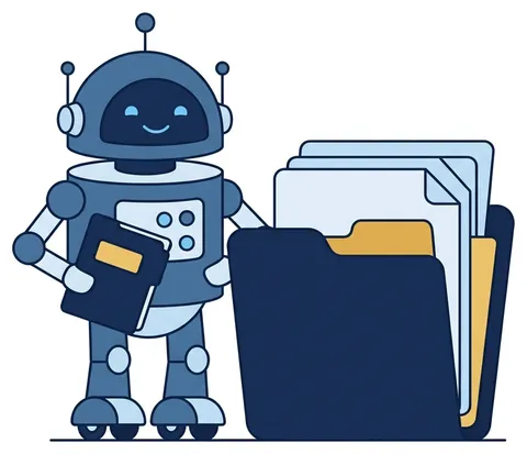 A robot assistant holding a folder beside a folder of documents.