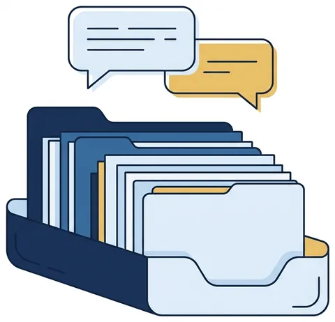 A desk tray of folders with chat bubbles above.