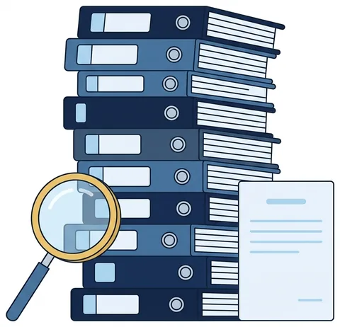 A tall stack of binders, a magnifying glass and one page.