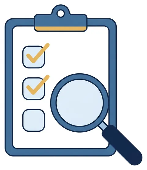 A checklist with a magnifying glass over the last item.
