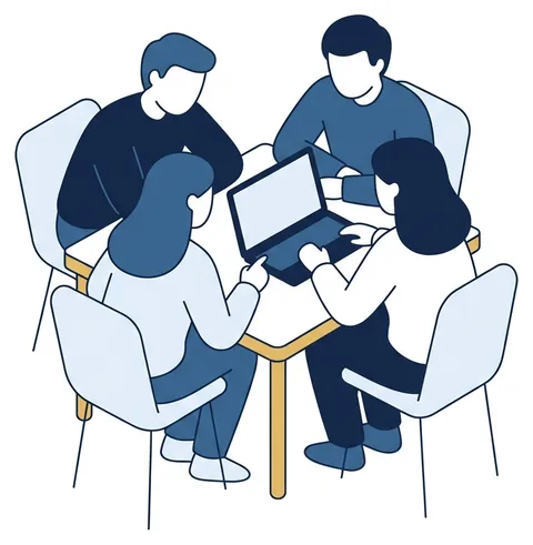 Three people around a table looking at one screen.