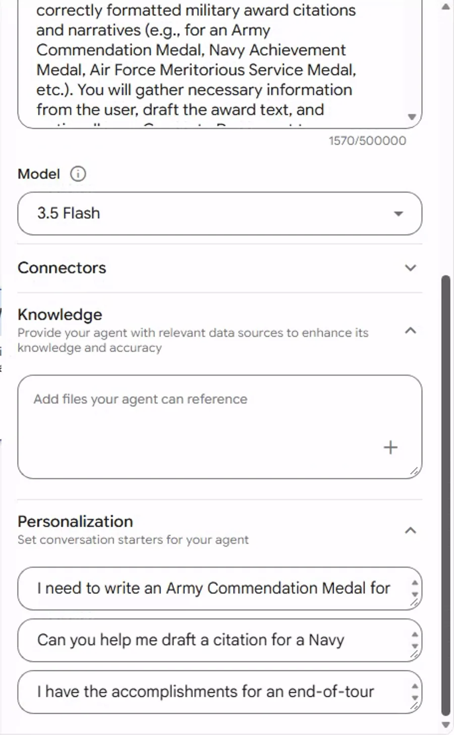 Lower half of the agent's Details panel: the Model selector, a Connectors section, Knowledge with an Add files your agent can reference box, and Personalization with three editable conversation starters.