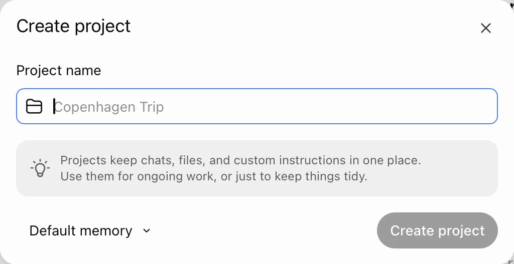 ChatGPT's Create project dialog: a project name box, the note that projects keep chats, files and custom instructions in one place, a Default memory setting and a Create project button.