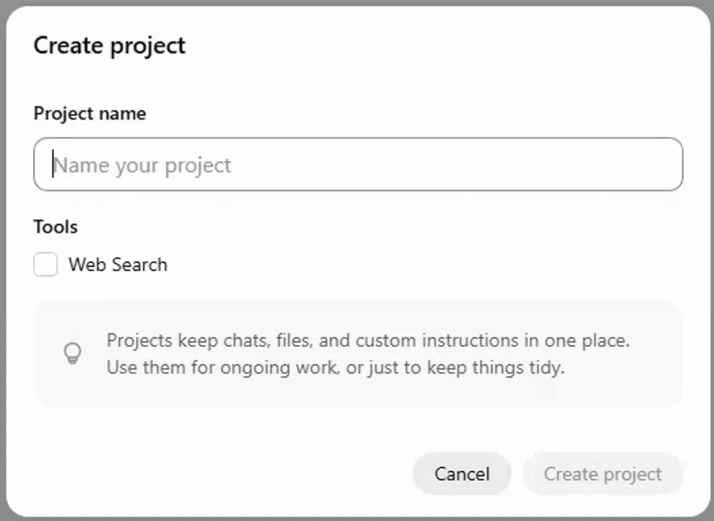 ChatGPT's Create project dialog: a project name, a Web Search tool checkbox, and the note that projects keep chats, files and custom instructions in one place.