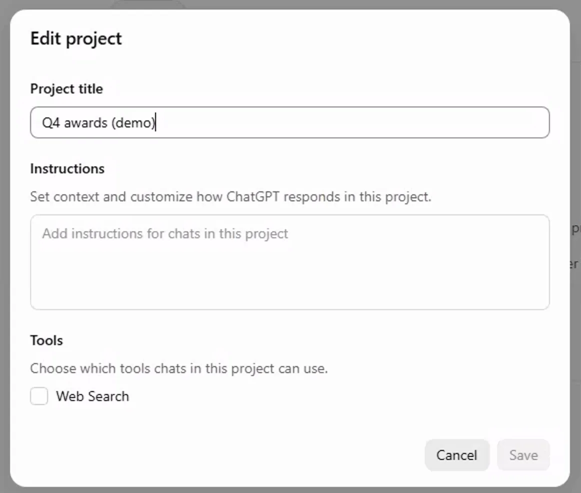 The Edit project dialog in ChatGPT: Project title, an Instructions box described as set context and customize how ChatGPT responds in this project, and a Tools section with a single Web Search checkbox.
