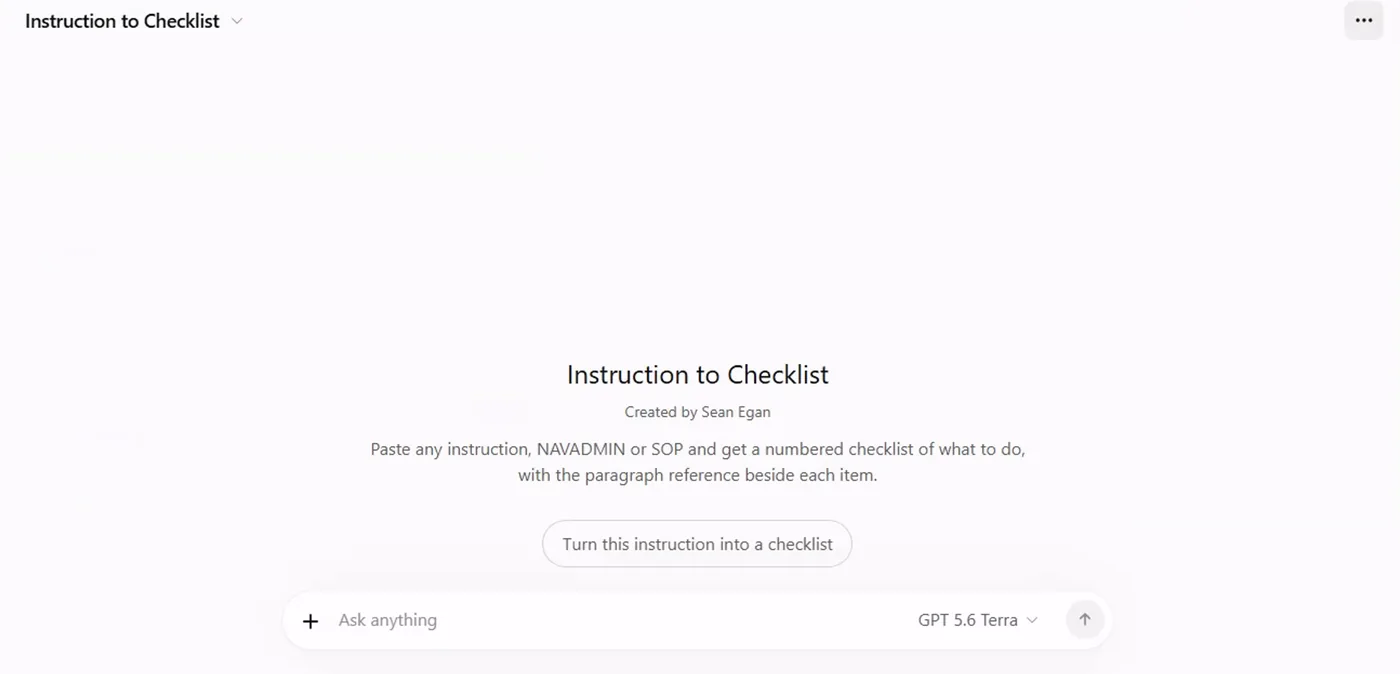 The finished GPT, Instruction to Checklist, opened like a chat: its name and description at the centre, a conversation-starter button reading Turn this instruction into a checklist, and the usual chat box with the model selector GPT 5.6 Terra.