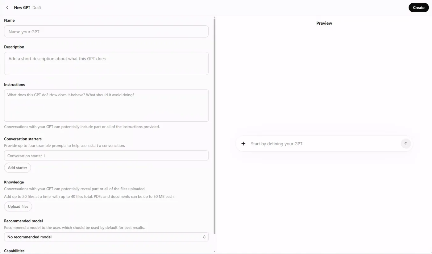 ChatGPT's GPT editor: Name, Description, Instructions, Conversation starters, Knowledge with an Upload files button (up to 20 files at a time, 40 total, 50 MB each), Recommended model, and Capabilities, with a Preview pane on the right and a Create button.