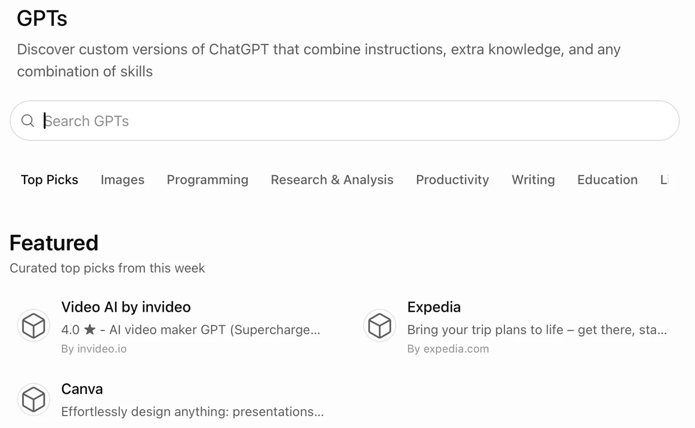 The GPTs page in ChatGPT: Discover custom versions of ChatGPT that combine instructions, extra knowledge, and any combination of skills; a Search GPTs box; category tabs from Top Picks to Education; and three Featured GPTs from outside companies.