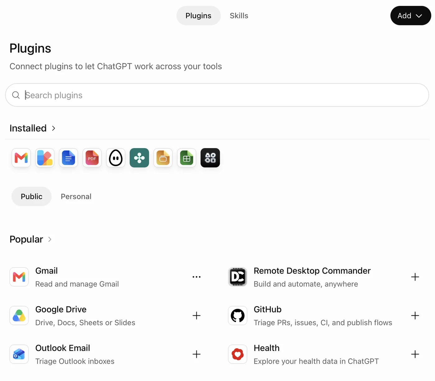ChatGPT's Plugins page, with a Skills tab beside it and an Add button: Connect plugins to let ChatGPT work across your tools, a search box, a row of installed plugin icons, Public and Personal tabs, and a Popular list including Gmail, Google Drive, Outlook Email, GitHub and Health.