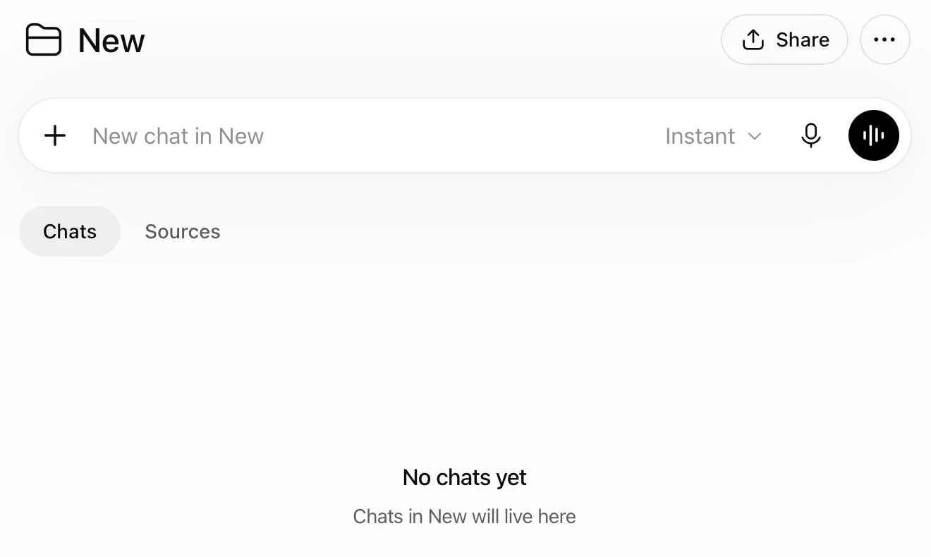 Inside a new ChatGPT project named New: a Share button and a menu at top right, a chat box reading New chat in New with the Instant setting, Chats and Sources tabs, and No chats yet, Chats in New will live here.
