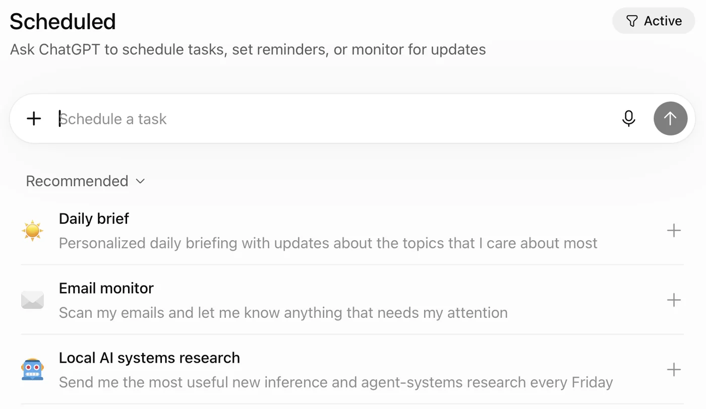 ChatGPT's Scheduled page: Ask ChatGPT to schedule tasks, set reminders, or monitor for updates; a Schedule a task box; and three recommended tasks: Daily brief, Email monitor and a weekly research digest.