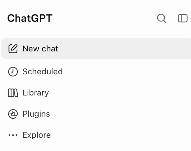The top of the ChatGPT sidebar: New chat, Scheduled, Library, Plugins and Explore.