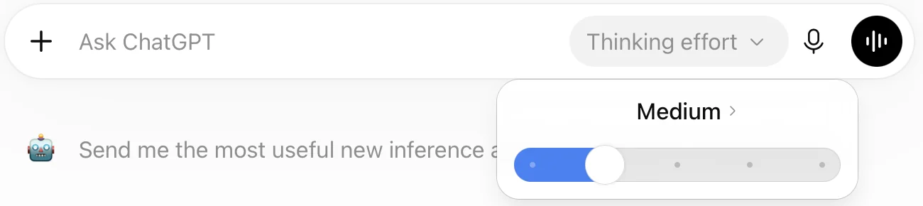ChatGPT's Thinking effort control open beside the chat box: a slider with five stops, set to Medium.
