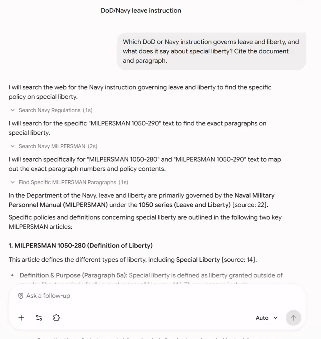 A grounded answer in Gemini Enterprise to a leave-and-liberty policy question: the model lists its search steps (Search Navy Regulations, Search Navy MILPERSMAN, Find specific MILPERSMAN paragraphs), then answers that leave and liberty are governed by the MILPERSMAN 1050 series, citing article 1050-280 and paragraph 5a with numbered sources.