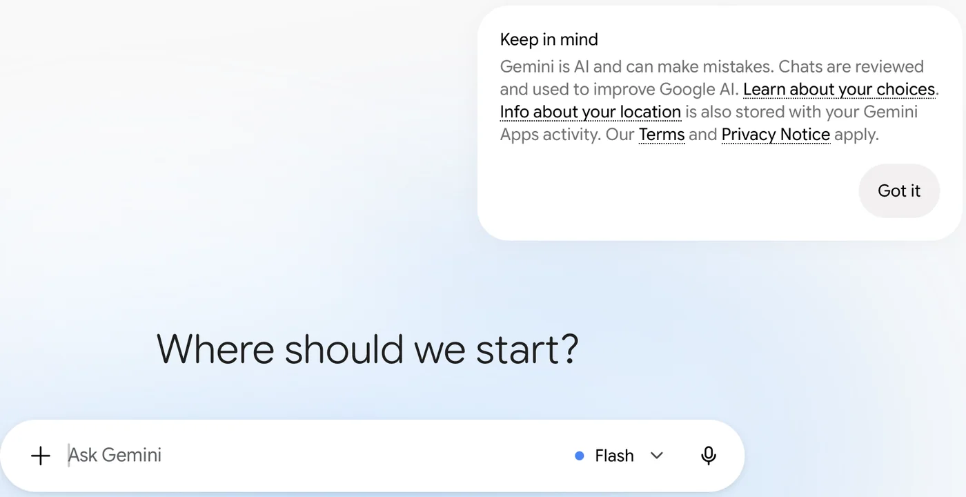 Gemini's first-visit notice beside the chat box: Gemini is AI and can make mistakes; chats are reviewed and used to improve Google AI; info about your location is stored with your Gemini Apps activity; links to your choices, the terms and the privacy notice.