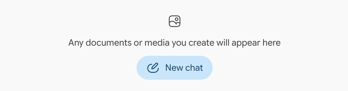 Gemini's Library page, empty: Any documents or media you create will appear here, with a New chat button.