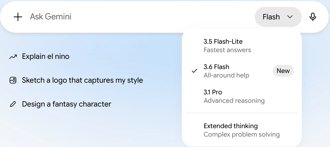 Gemini's model menu open beside the chat box: 3.5 Flash-Lite, fastest answers; 3.6 Flash, all-around help (selected, marked New); 3.1 Pro, advanced reasoning; and Extended thinking, complex problem solving.
