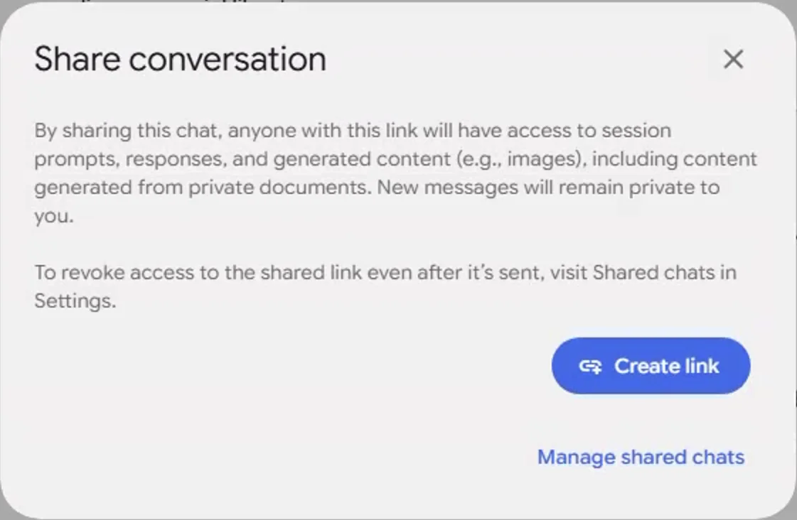 Gemini's Share conversation dialog: by sharing this chat, anyone with this link will have access to session prompts, responses and generated content, including content generated from private documents; new messages remain private to you; revoke access under Shared chats in Settings. Buttons: Create link and Manage shared chats.