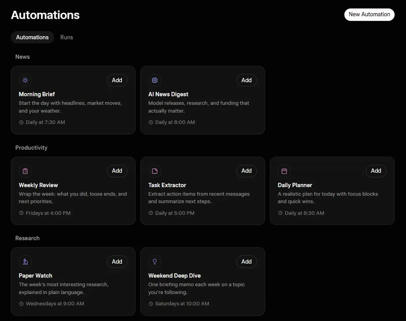 The Automations page in Grok: a New Automation button, tabs for Automations and Runs, and template cards grouped under News, Productivity and Research, such as Morning Brief daily at 7:30 AM, Weekly Review on Fridays at 4:00 PM, Task Extractor daily at 5:00 PM and Paper Watch on Wednesdays at 9:00 AM.