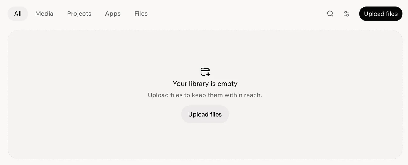 Grok's Library: tabs for All, Media, Projects, Apps and Files, an Upload files button, and Your library is empty, upload files to keep them within reach.