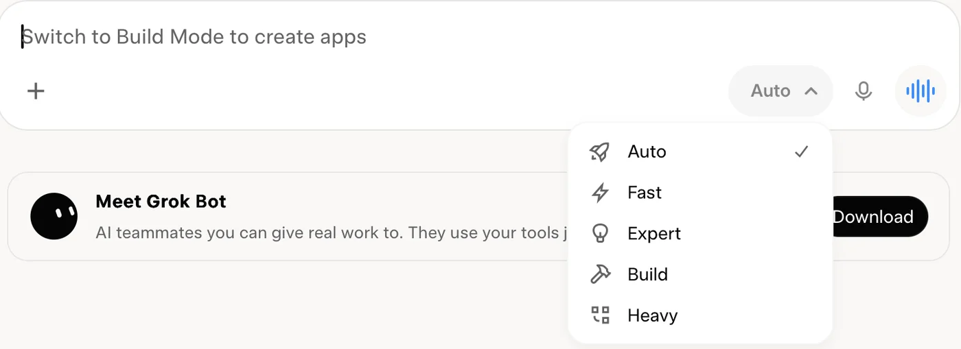 Grok's mode menu open under the chat box: Auto (selected), Fast, Expert, Build and Heavy.