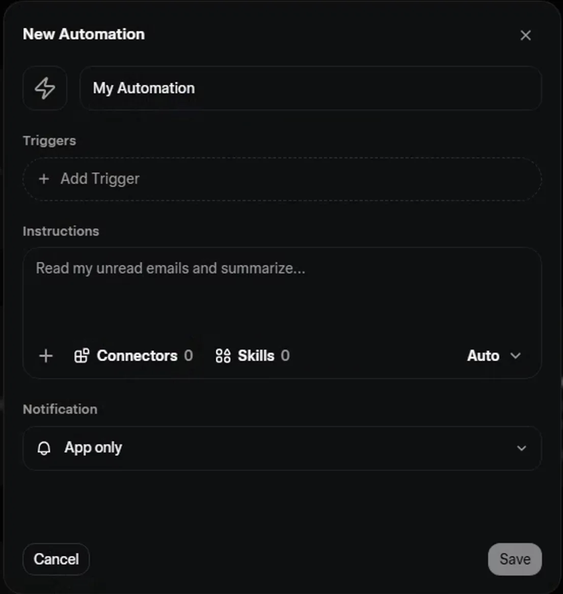 The New Automation dialog in Grok: a name field, a Triggers section with Add Trigger, an Instructions box, counters for Connectors and Skills, the Auto mode selector, a Notification setting of App only, and Cancel and Save buttons.
