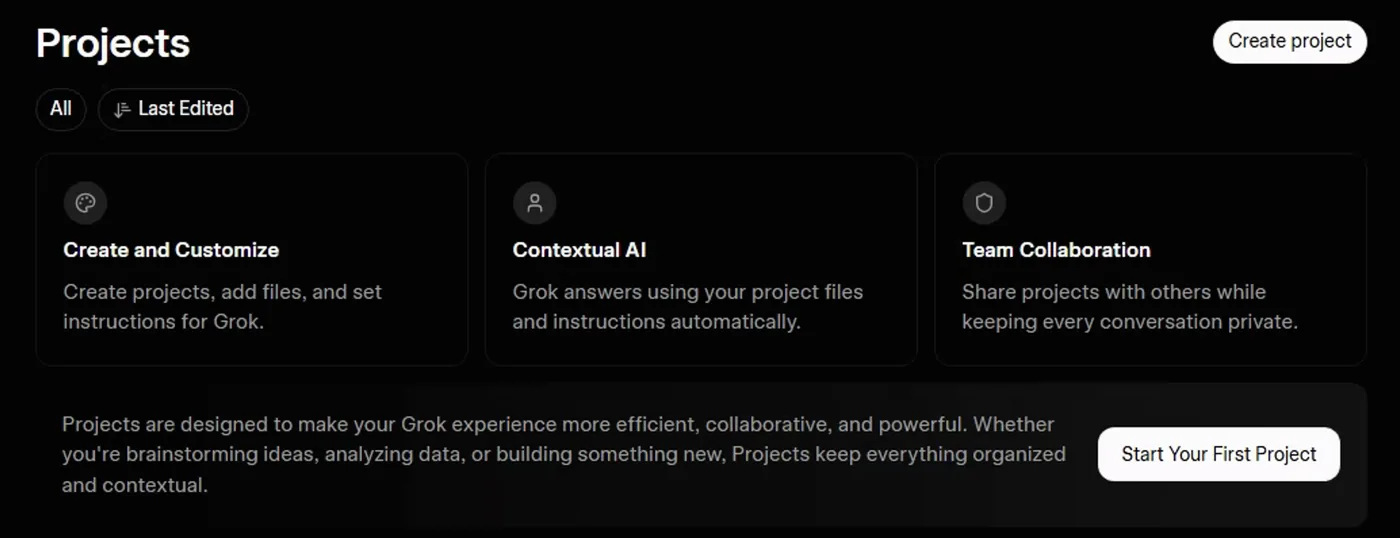 The Projects page in Grok with a Create project button and three cards: Create and Customize (create projects, add files and set instructions), Contextual AI (Grok answers using your project files and instructions automatically) and Team Collaboration (share projects with others while keeping every conversation private).
