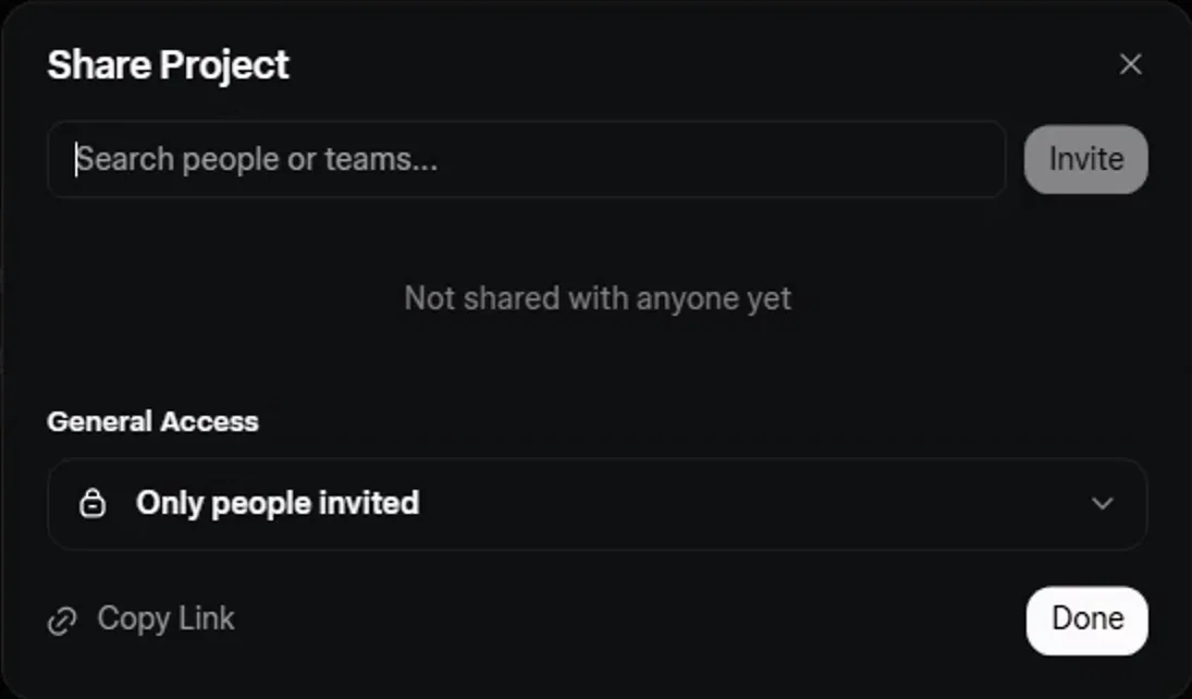 The Share Project dialog in Grok: a search box for people or teams with an Invite button, the note not shared with anyone yet, General Access set to Only people invited, and a Copy Link option.