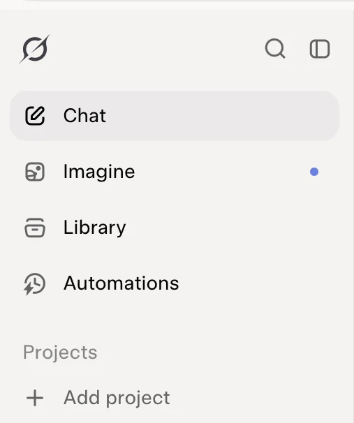 The top of the Grok sidebar: Chat, Imagine, Library, Automations, and a Projects heading with Add project.