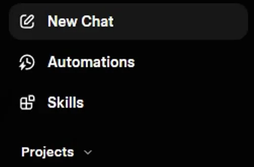 The top of the Grok sidebar: New Chat, Automations, Skills and Projects.