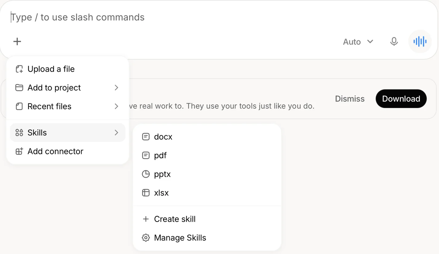 Grok's plus menu with the Skills submenu open: Upload a file, Add to project, Recent files, Skills and Add connector; the Skills list offers docx, pdf, pptx and xlsx, then Create skill and Manage Skills.