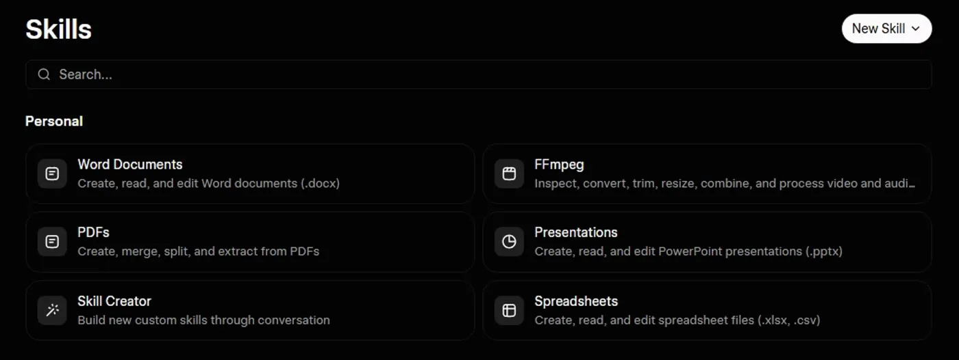 The Skills page in Grok with a New Skill button and six Personal skills: Word Documents (create, read and edit .docx), FFmpeg (video and audio), PDFs (create, merge, split and extract), Presentations (create, read and edit .pptx), Skill Creator (build new custom skills through conversation) and Spreadsheets (.xlsx and .csv).