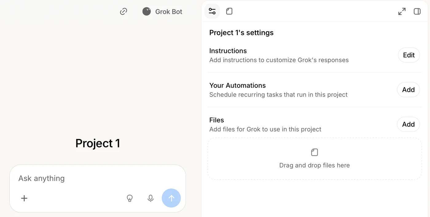 A new Grok project named Project 1: a chat box on the left, and on the right the project's settings: Instructions to customize Grok's responses, Your Automations to schedule recurring tasks that run in this project, and Files for Grok to use in this project, with a drop zone.